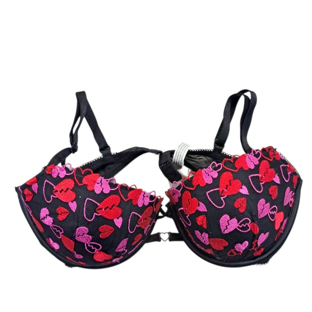 Victoria's Secret PINK Bra 36D Black Red Pink Embroidered Hearts Push Up